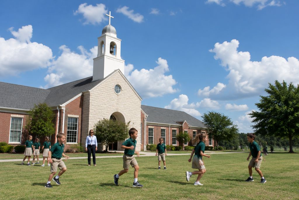 Children in green polo shirts at recess outside a limestone and brick church school with a bell tower
