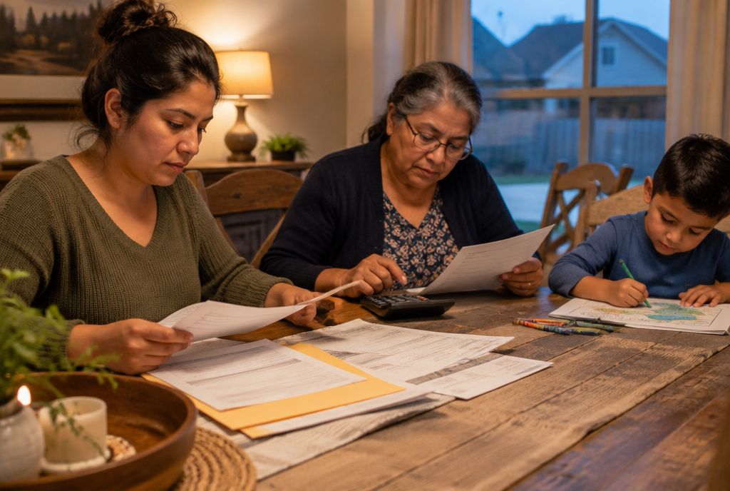A mother and grandmother sorting school enrollment papers at a farmhouse table while a young boy colors